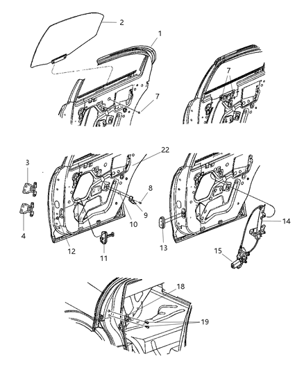 2001 Dodge Stratus Door, Rear, Shell, Hinge, Glass And Regulator Diagram