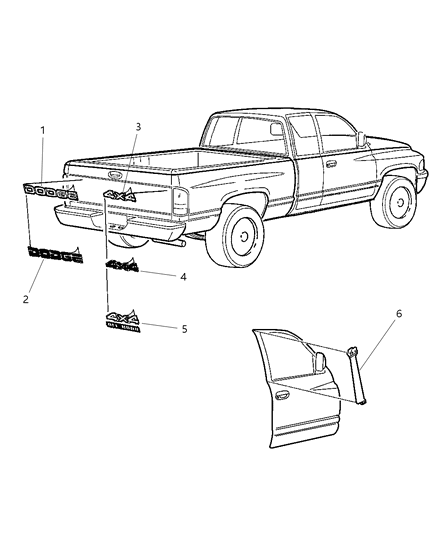 1999 Dodge Ram 2500 Quad & Club Cab Tape Strips & Decals Diagram