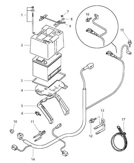 1997 Chrysler Sebring Battery Tray & Cables Diagram