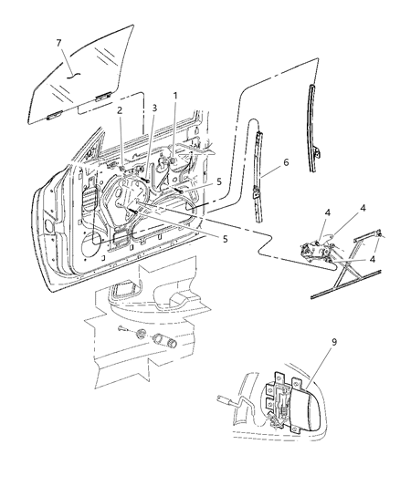 2003 Dodge Durango Door, Front Glass & Regulator Diagram