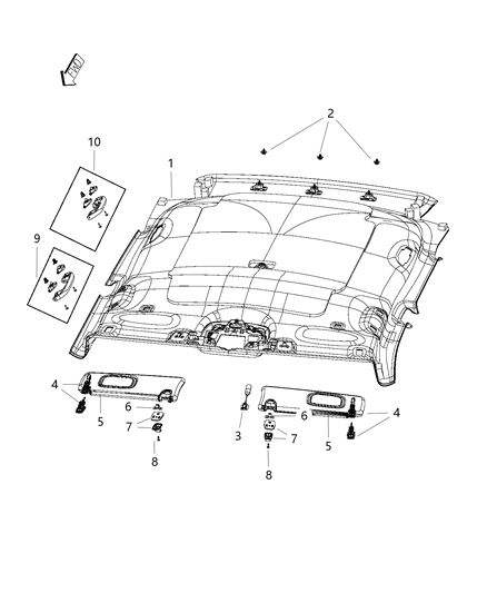 2019 Jeep Compass Headliner Includes Overhead Console Retainer, Wiring, Sound Proof Pad, Washer Hose, Attaching Retainers Diagram for 6ZP65PS4AA