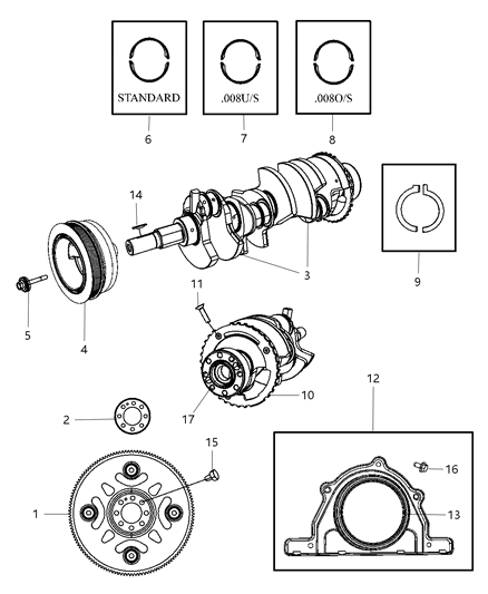 2009 Jeep Grand Cherokee Crankshaft , Crankshaft Bearings , Damper And Flex Plate And Flywheel Diagram 6