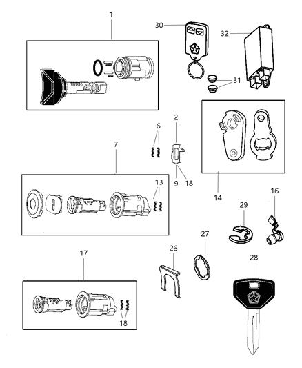 2002 Dodge Ram Wagon Lock Cylinders & Components Diagram