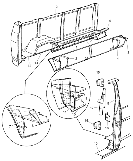 1997 Dodge Ram Wagon Panels, Pillars, Reinforcements, Left Side Diagram