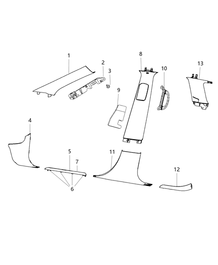 2017 Jeep Grand Cherokee Interior Moldings, Pillars Panels, And Scuff Plates Diagram