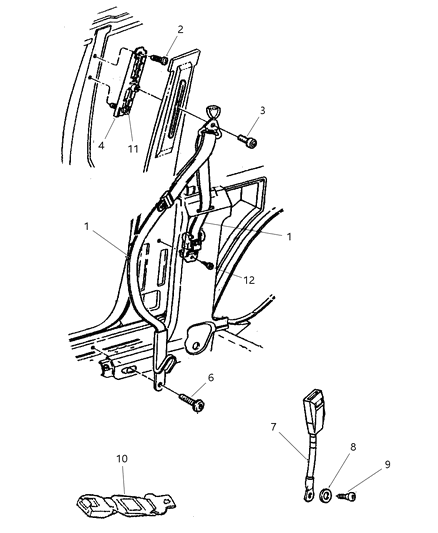 2000 Jeep Cherokee Seat Belts, Front Seat Diagram 1