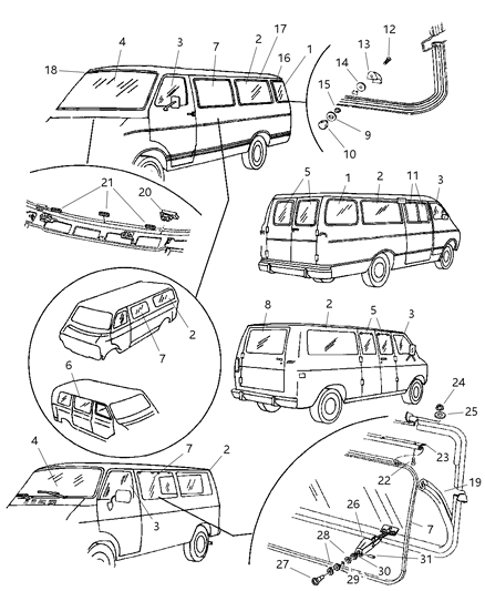 2001 Dodge Ram Wagon Glass & Weatherstrips Diagram