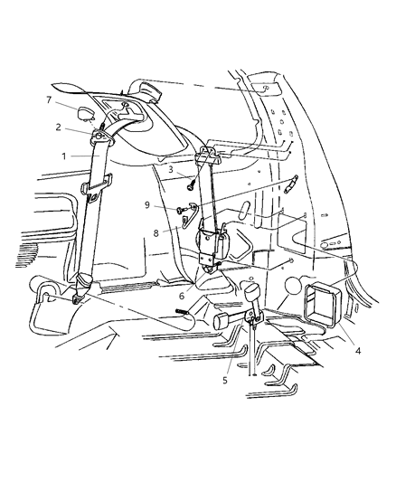 2002 Dodge Durango Seat Belts, Third Row Diagram