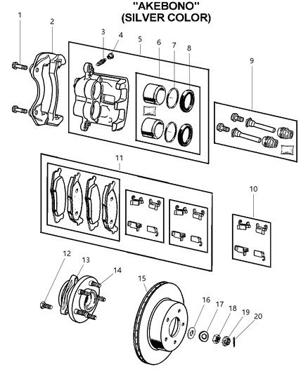 2002 Jeep Grand Cherokee Front Disc Brake Caliper `akebono`and Rotor Diagram