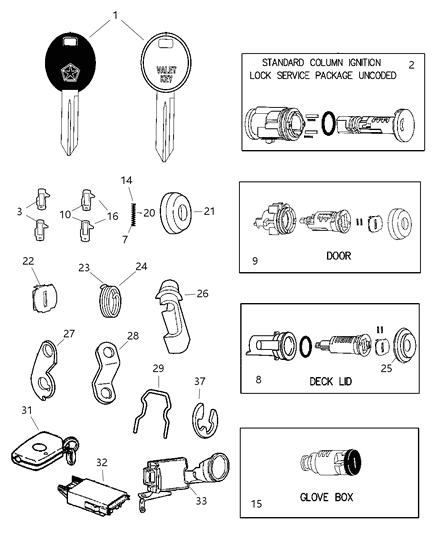 2001 Chrysler LHS Lock Cylinders & Double Bitted Lock Cylinder Repair Components Diagram