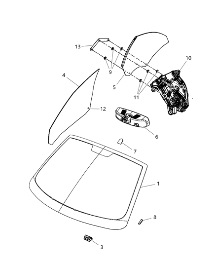 2009 Chrysler Sebring Glass, Glass Hardware & Interior Mirror Diagram 1