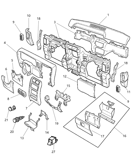 1999 Jeep Cherokee Instrument Panel Pad & Bezel Diagram 1