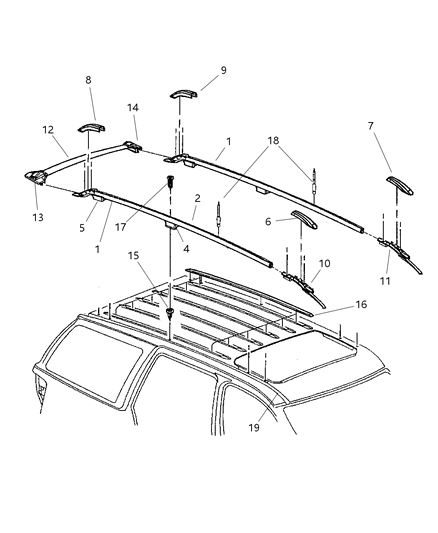 2001 Jeep Grand Cherokee Rail-Luggage Rack Side Diagram for 55136848AB