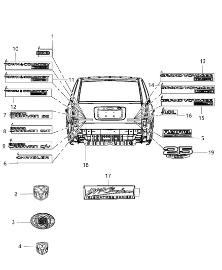 2009 Chrysler Town & Country Nameplates - Emblem & Medallions Diagram