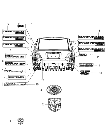 2010 Chrysler Town & Country Nameplates - Emblem & Medallions Diagram