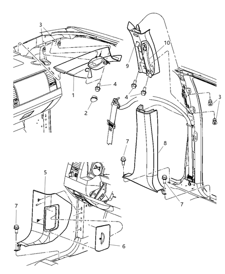 2005 Dodge Durango Panel-B Pillar Upper Trim Diagram for 5JF79BDXAF