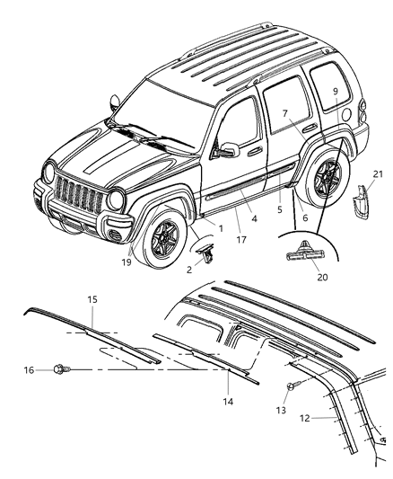 2004 Jeep Liberty Moldings, Body Side Diagram