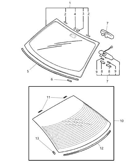 2001 Chrysler Sebring Windshield Glass & Rearview Mirror Diagram