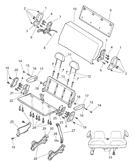 1999 Dodge Grand Caravan Rear Seat - 2 Passenger - Attaching Parts Diagram