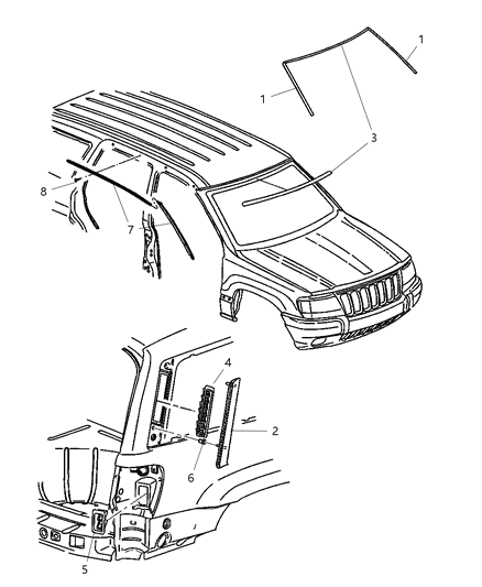 2004 Jeep Grand Cherokee Moldings, Upper Diagram