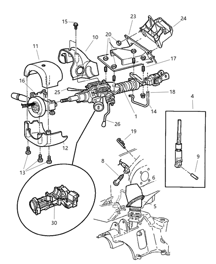 1999 Chrysler Town & Country Column, Steering, Upper And Lower Diagram