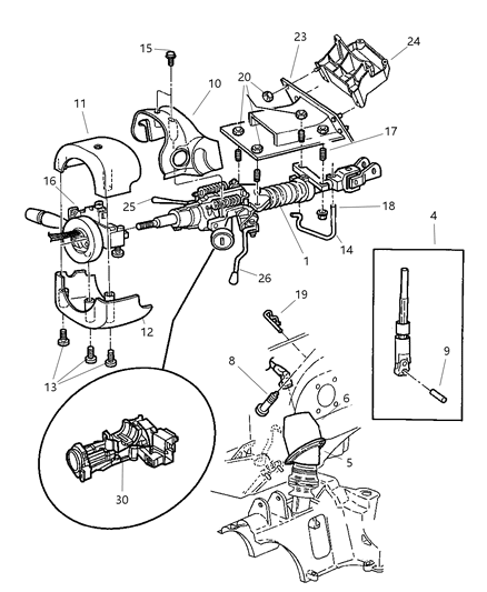 1999 Dodge Grand Caravan Column, Steering, Upper And Lower Diagram