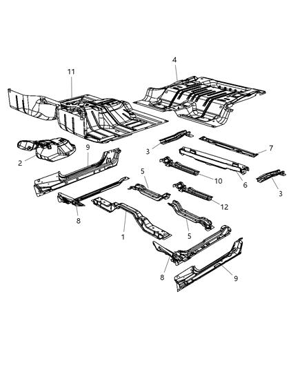 2008 Jeep Wrangler Front, Center & Rear Floor Pan Diagram