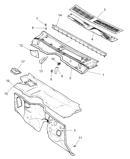 1997 Jeep Cherokee Panels - Cowl & Dash Diagram