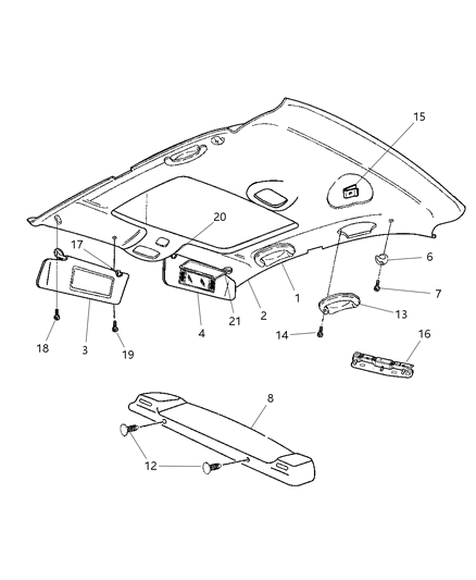 2003 Chrysler Sebring Sedan & Convertible Headliner, Visors & Rear Shelf Panel Diagram