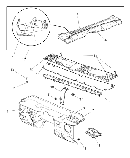 1998 Jeep Cherokee Cowl & Dash Panel Diagram