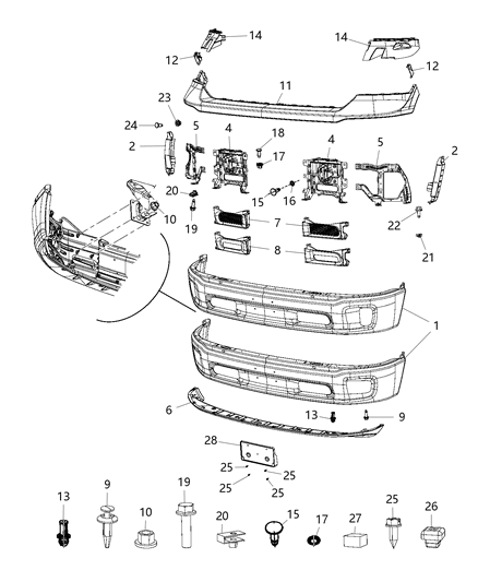 2013 Ram 1500 Bracket-FASCIA Support Diagram for 68104945AC