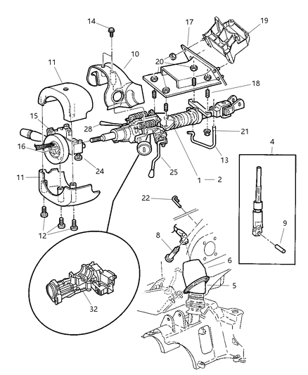 2001 Dodge Grand Caravan Column, Steering Upper And Lower Diagram