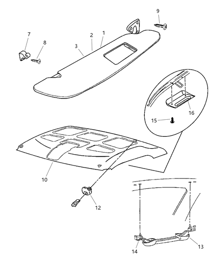 2001 Dodge Ram 1500 Headliner, Sunvisors, Coat Hooks & Assist Straps Diagram