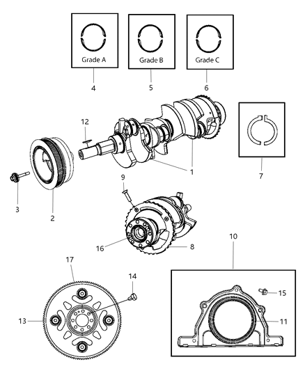 2008 Dodge Ram 3500 Crankshaft , Crankshaft Bearings , Damper , Flywheel And Flexplate Diagram 1