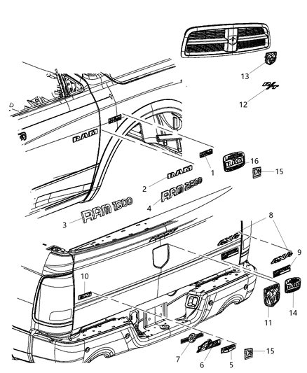 2011 Ram 1500 NAMEPLATE-Grille Diagram for 68040757AA