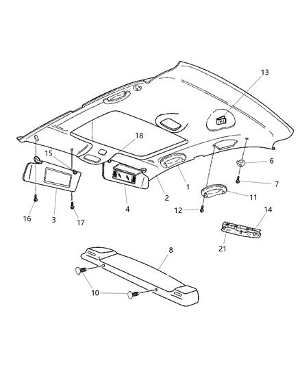 2005 Chrysler Sebring Headliner, Visors & Rear Shelf Panel Diagram