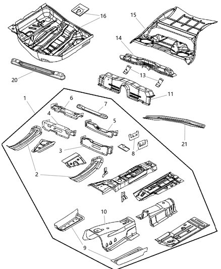 2013 Dodge Charger Front, Center & Rear Floor Pan Diagram