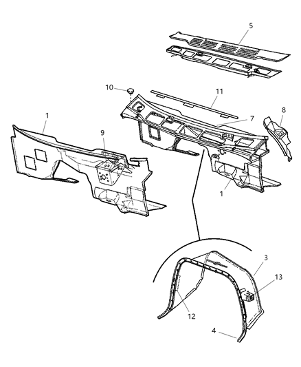 2000 Dodge Ram Wagon Cowl & Dash Diagram