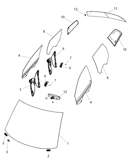 2013 Dodge Journey Glass, Glass Hardware & Regulators & Interior Mirrors Diagram