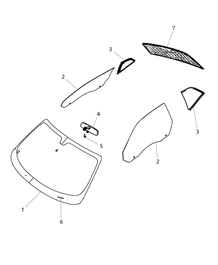 2014 Dodge Challenger Glass, Glass Hardware & Interior Mirror Diagram