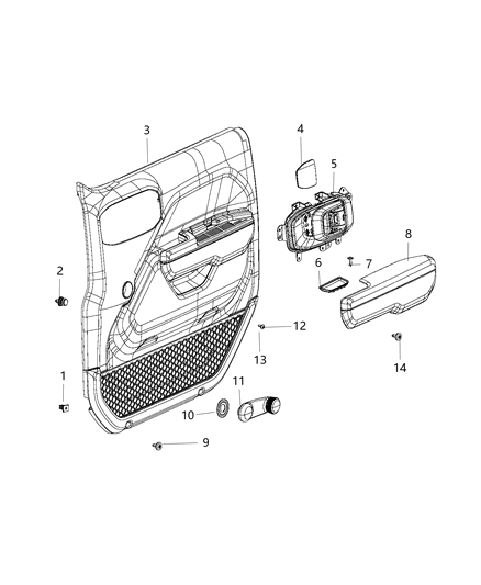 2019 Jeep Wrangler Front Door Trim Armrest Diagram for 6RL55LA3AB