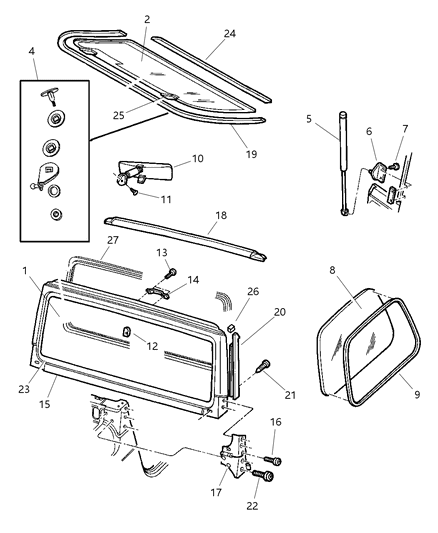 1997 Jeep Wrangler Glass, Windshield, Backlite, Quarter Windshield Frame, Hinges Diagram