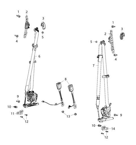 2020 Jeep Wrangler Seat Belts, First Row Diagram