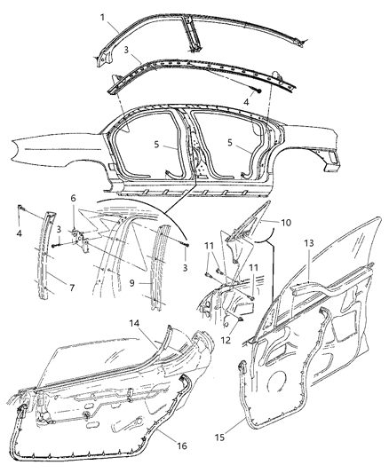 1997 Dodge Neon Door, Front & Rear Weatherstrips & Seal Diagram