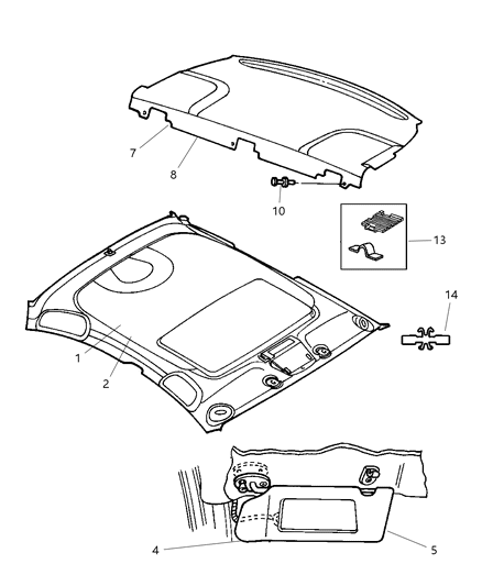 1998 Chrysler Concorde Headliner, Visors, Assist Straps & Shelf Panel Diagram