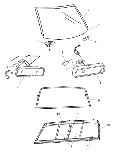 2002 Dodge Ram 2500 Glass, Windshield, Backlite, Mirror Diagram