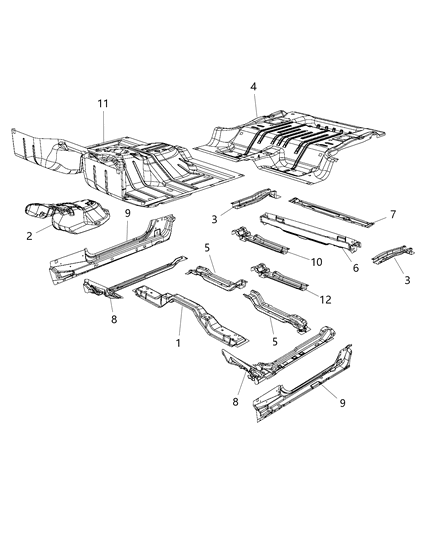 2015 Jeep Wrangler Front, Center & Rear Floor Pan Diagram