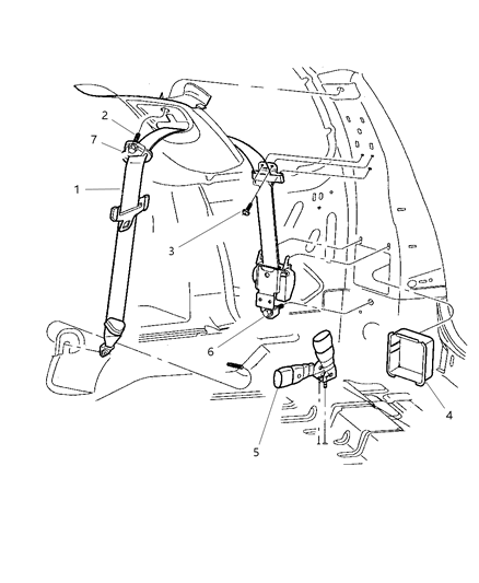 1999 Dodge Durango Seat Belts, Third Row Diagram