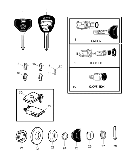1997 Dodge Viper Lock Cylinders & Keys Diagram