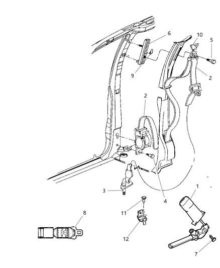 2006 Dodge Grand Caravan Front Inner Seat Belt Includes Cable, Sensor And Tensioner Diagram for XP981D1AC